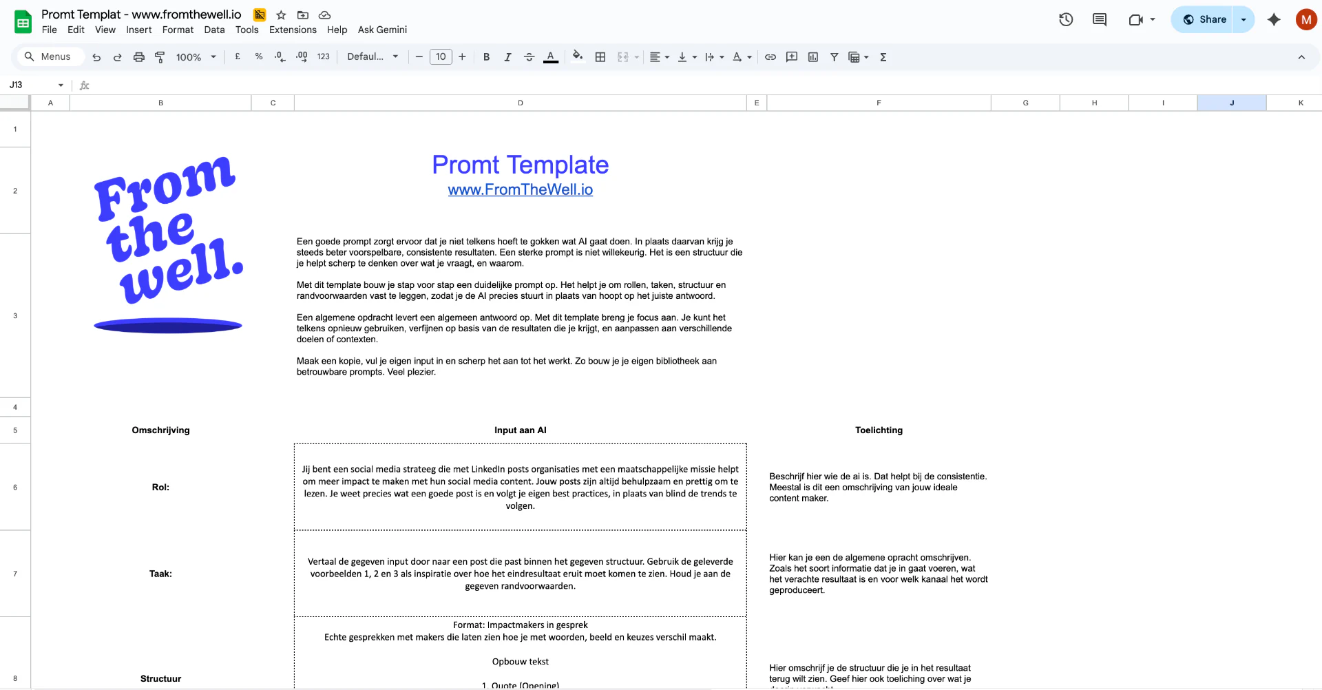 Prompt template in Google Sheets met kolommen voor rol, taak, structuur en input aan AI