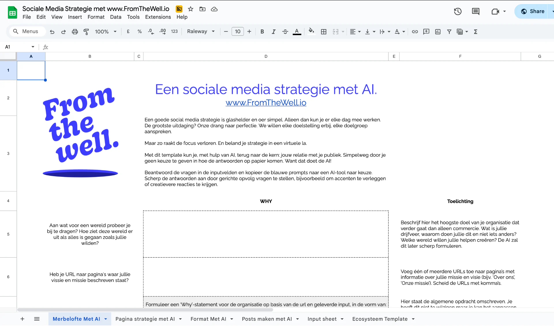 Sociale media strategie template in Google Sheets met kolommen voor contentplanning, doelgroepanalyse en platform-specifieke strategieën